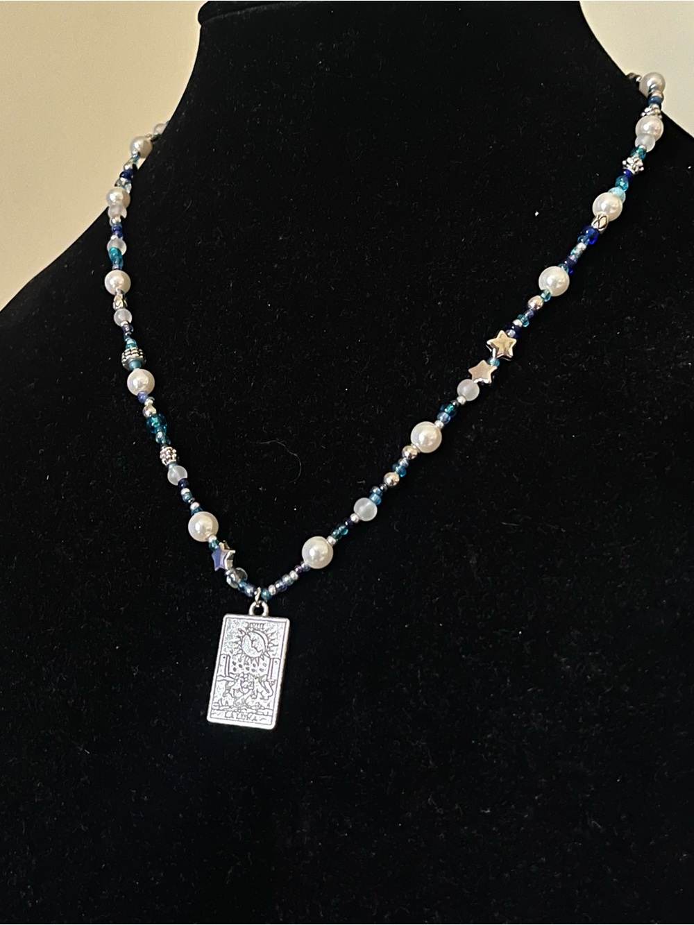Silver Plated La Luna Tarot Card Blue Beaded Necklace